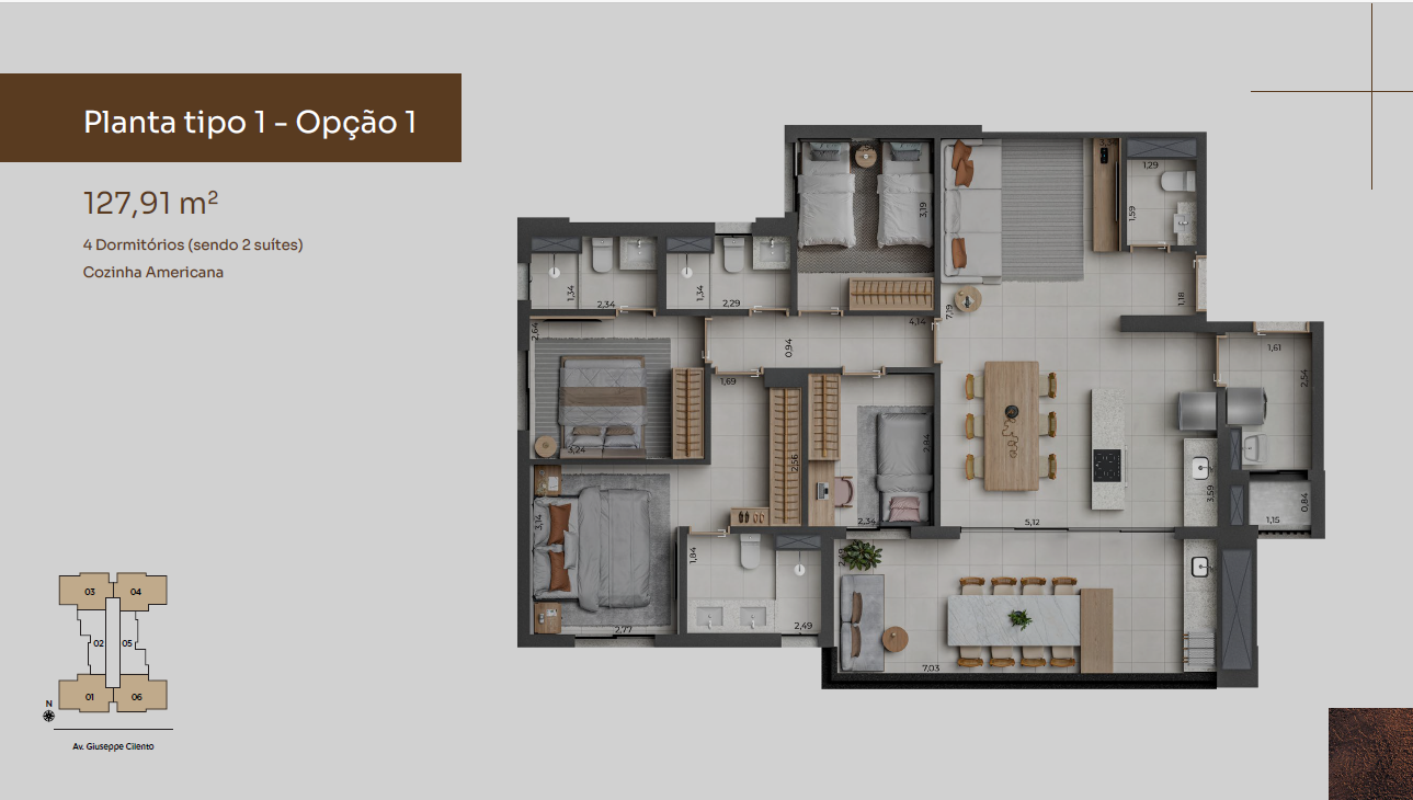 Planta 127 m² — opção 1