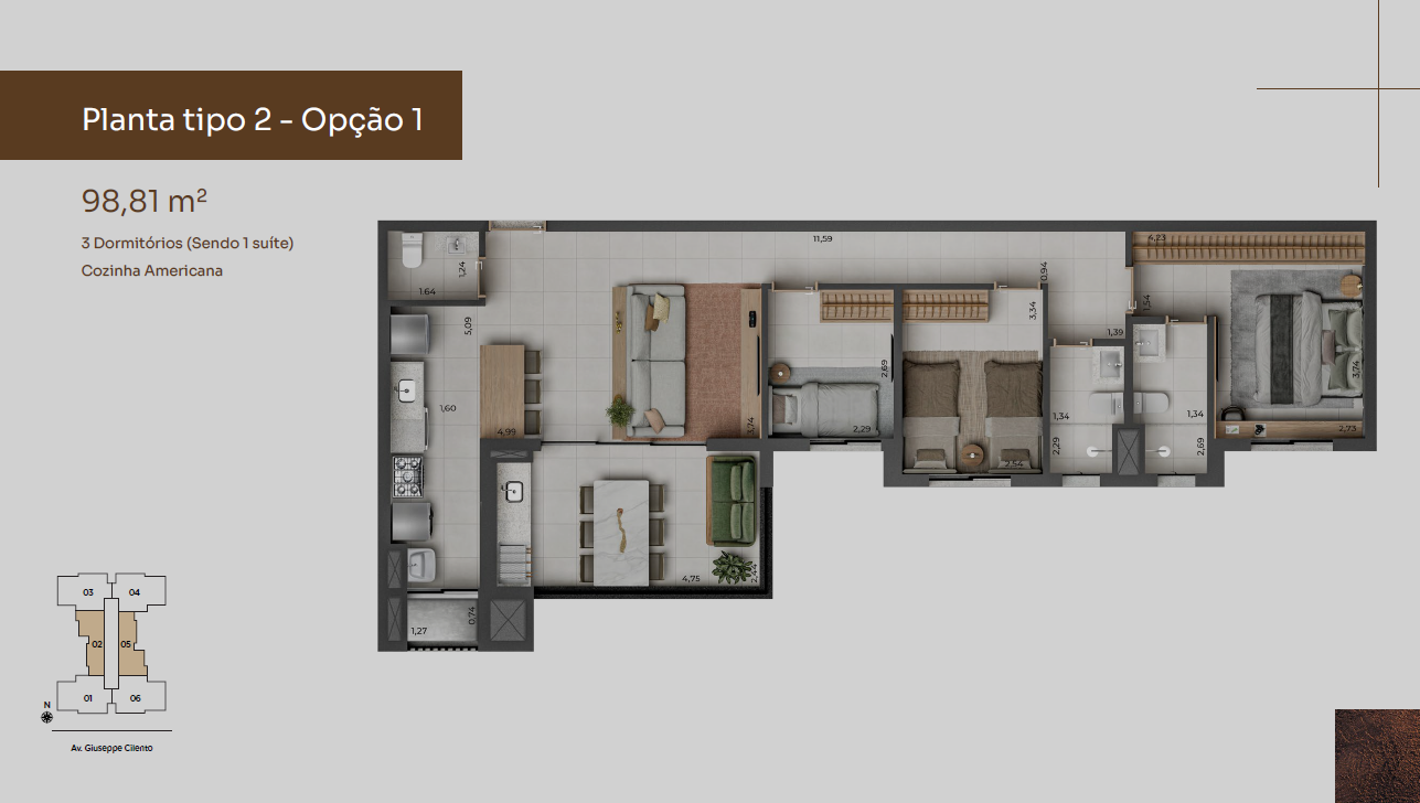 Planta 98 m² — opção 1